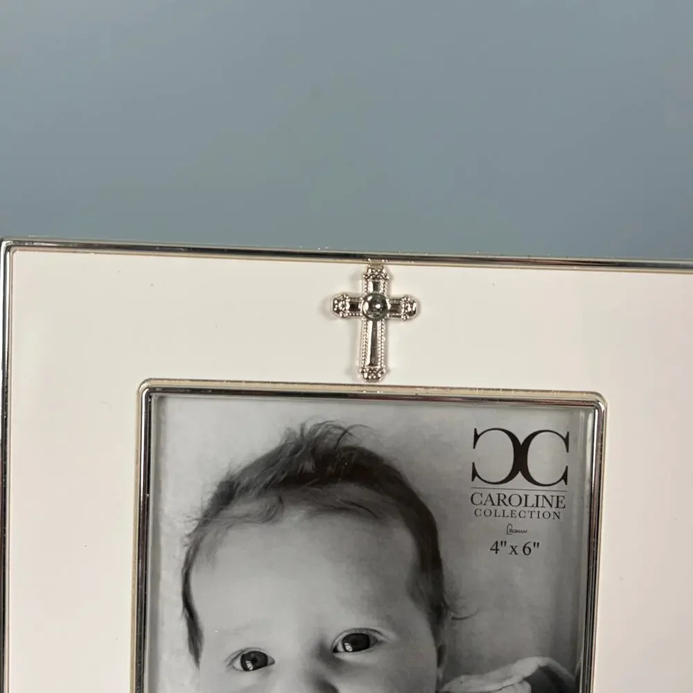 Baptism Baby Picture Frame White enamel and silver cross 4X6 Unused